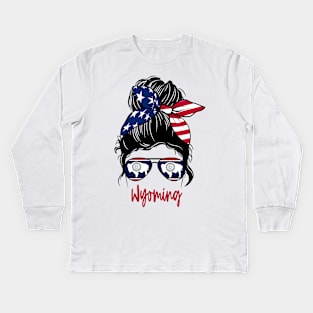 wyoming girl Messy bun , American Girl , wyoming Flag Kids Long Sleeve T-Shirt